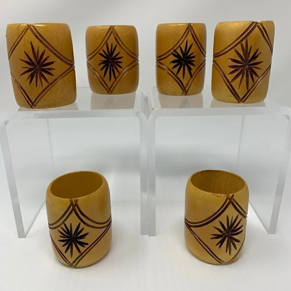 Bamboo Napkin Rings Etched Star Set of Six Vintage Wood Tableware Serving